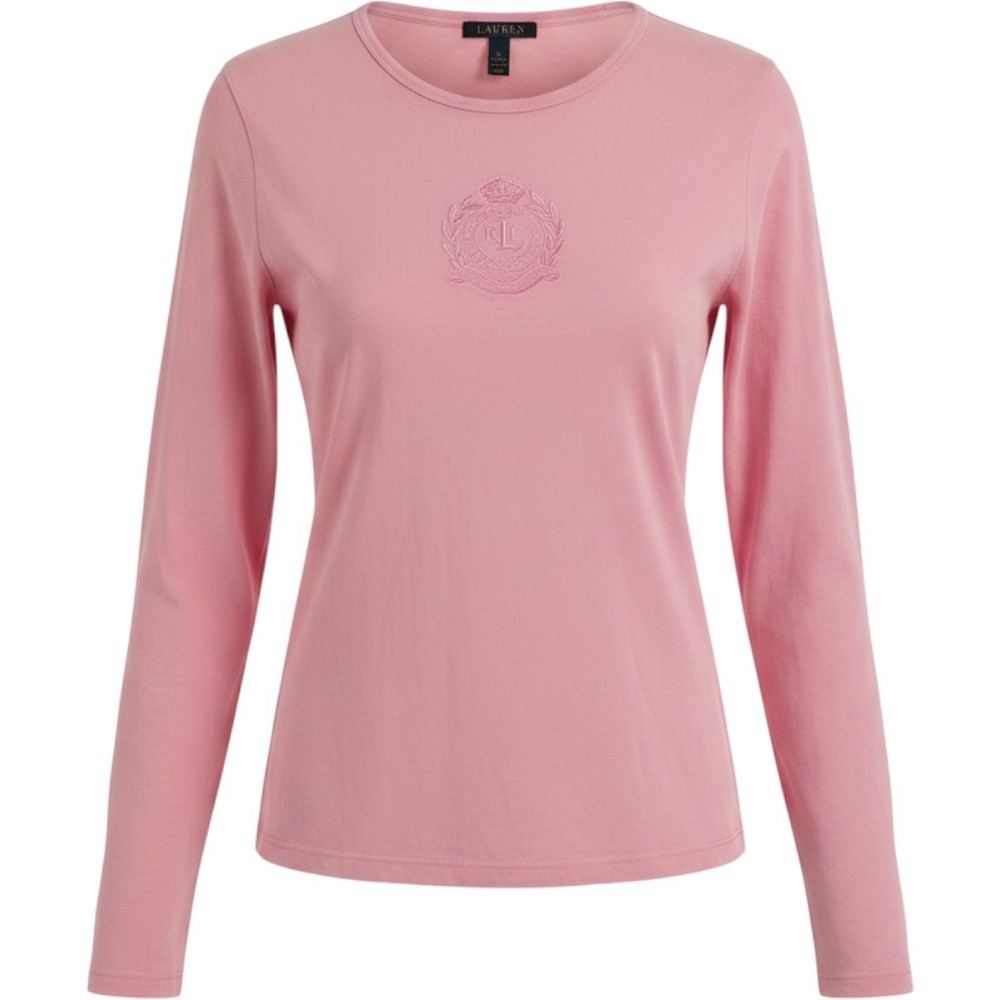 Lauren Ralph Lauren Long Sleeve Tee Womens XL Pink Embroidered Crest Preppy